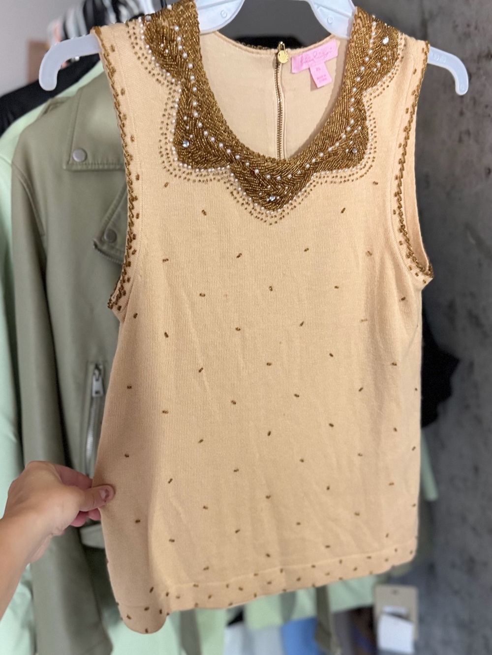 Lilly Pulitzer Cream Tank Top with Gold Beaded Neckline